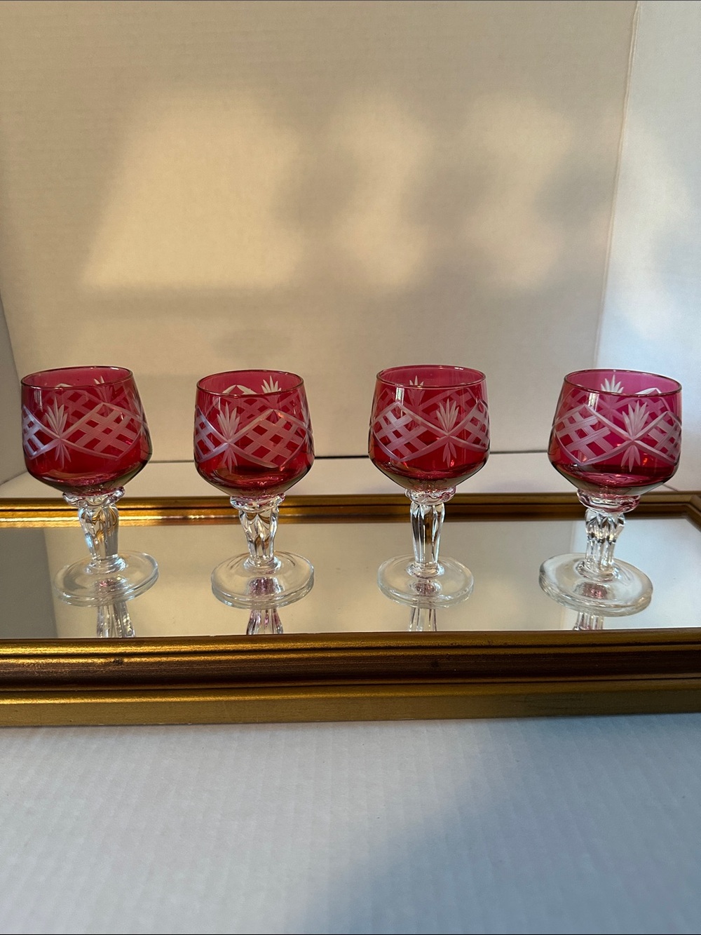 Ruby Cut to Clear Crystal Cordial Glasses - Set of 4